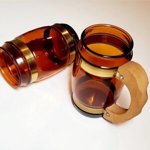 Vintage Set of 2 Siesta Ware Amber Barrel Glass Wood Handle Beer Mugs